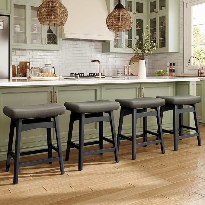 MAISON ARTS Grey Counter Height Bar Stools Set of 4 for Kitchen Counter Solid Wood Legs with Faux Leather Saddle Seat Farmhouse Barstools for 34"-38" Counter Island Upholstered Stools, 24in Height