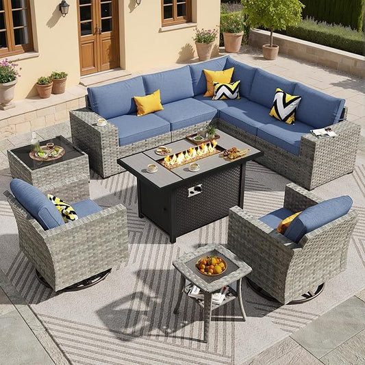 ovios 10 Pieces Patio Furniture Set, Outdoor Wicker Sectional Sofa with 42" Fire Pit Table Swivel Chairs, Modern Modular Deep Seat Rattan Couch Conversation Sets, Denim Blue