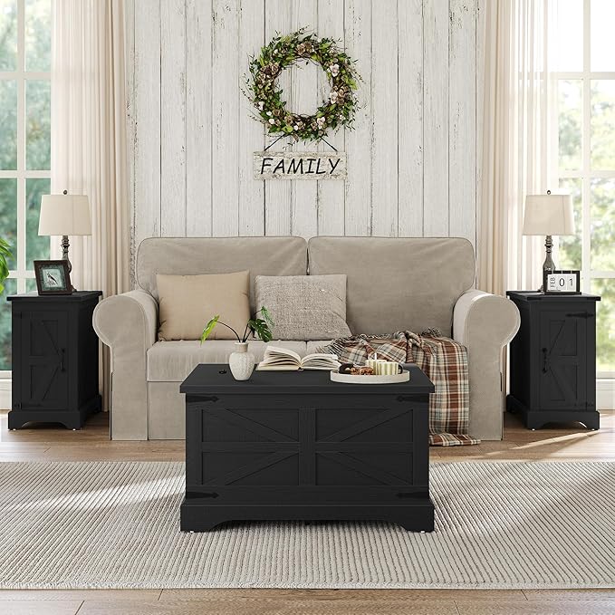 Furnideco Farmhouse Lift Top Coffee Table, Square Wood Center Table with Large Hidden Storage Compartment for Living Room, Rustic Cocktail Table with Hinged Lift Top for Home, Black