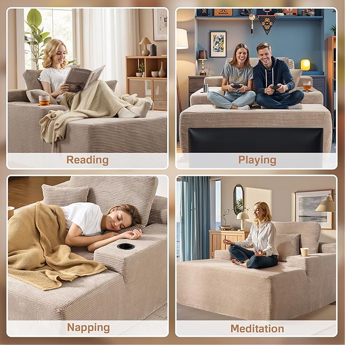 Chaise Lounge Chair Indoor, 67" Oversized Comfy Corduroy Sleeper Sofa Bed with Cup Holders and Wide Armrests, Boneless Upholstered Recliner Bed, Modern Cloud Couch for Living Room, Camel