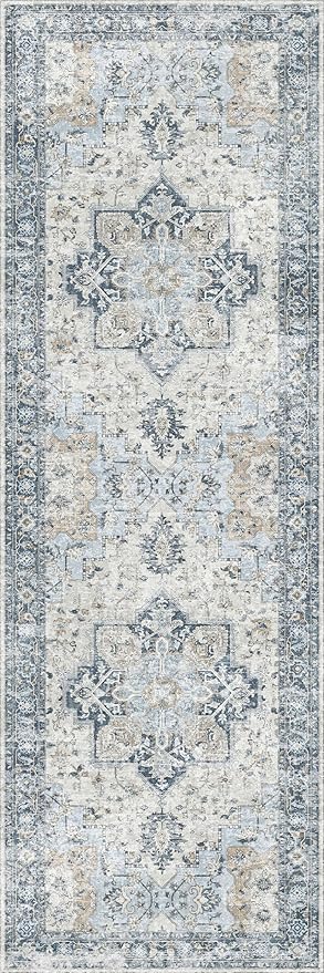 GENIMO Runner Rug 2x10, Machine Washable Vintage Runner Carpet, Non Slip Hallway Rug, Low Pile Lightweight Rugs for Entryway, Hallway, Kitchen and Corridor, Blue