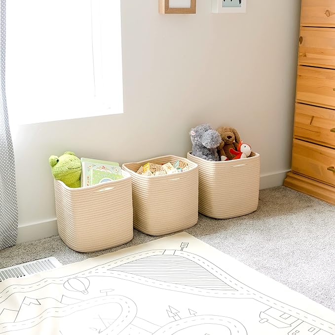 NaturalCozy Storage Cubes 11 Inch Cotton Rope Woven Baskets for Organizing, 3-Pack | Cube Storage Bin | Square Storage Baskets for Shelves Organizer, Classroom, Kids Toy Bins, Closet, Baby Nursery