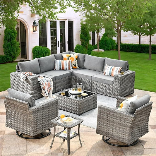 ovios 9 Pieces Patio Furniture Set, Outdoor Wicker Sectional Sofa with 2 Swivel Chairs Coffee Table, Modern Modular Deep Seat Rattan Couch Conversation Sets, Dark Grey