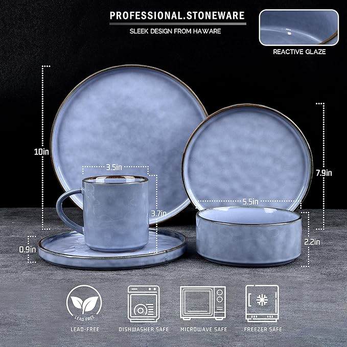 HaWare Dinnerware Sets, 16-Piece Stoneware Plates and Bowls Set, Elegant Ceramic Dish Set for 4, Chip and Scratch Resistant, Microwave and Dishwasher Safe, Reactive Blue