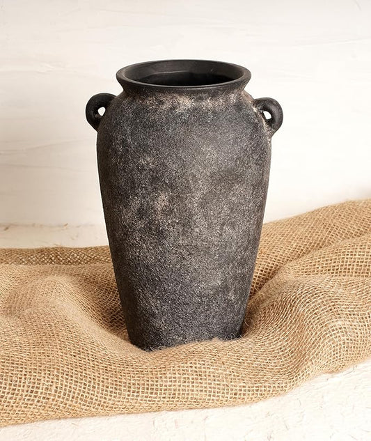 Terracotta Vase 10inch Tall, Farmhouse Distressed Ceramic Pottery, Unique Textured Stoneware Mantel Decoration, Black Boho Vintage Stone Vases for Flowers, Centerpieces, Living Room.