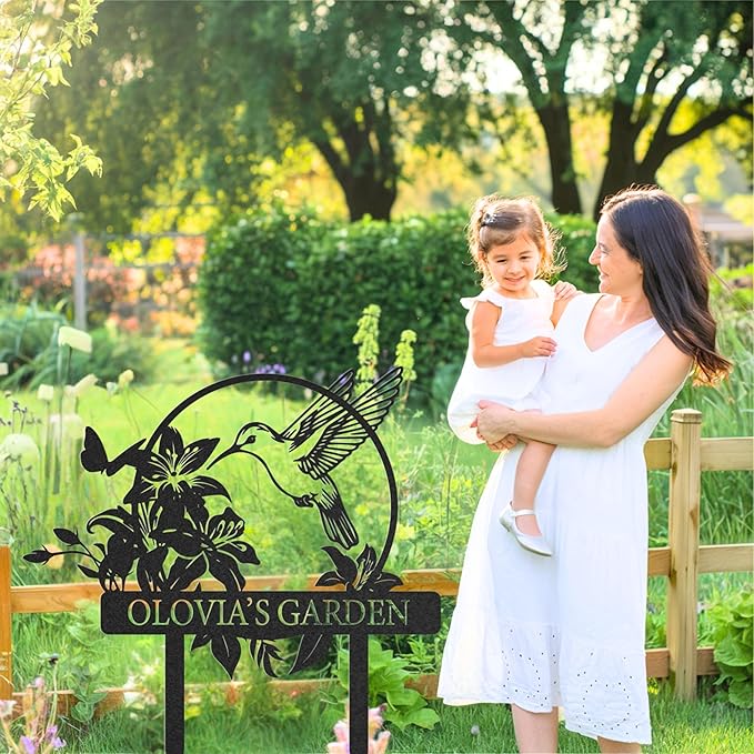 Personalized Metal Garden Sign, Custom Name Stake Decor, Hummingbird Yard Art, Outdoor Gardening Metal Decor, Home Garden Stake, Gifts for Gardeners