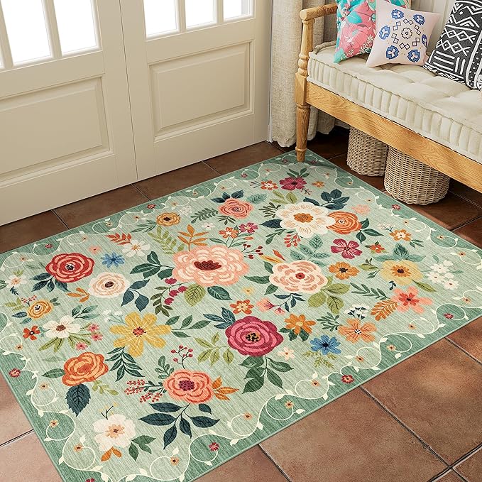 DUKINO 3x5 Area Rug, Floral Rugs for Living Room, Lightweight Non Slip Washable Rug, Indoor Low Pile & Non-Shedding Boho Design Rugs for Bedroom, Living Room, Dining Room, Green