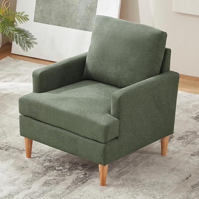 VKNOW Mid-Century Accent Chair, Modern Upholstered Armchair for Living Room,Comfy Reading Accent Chairs with Wood Legs for Bedroom, Green Polyester
