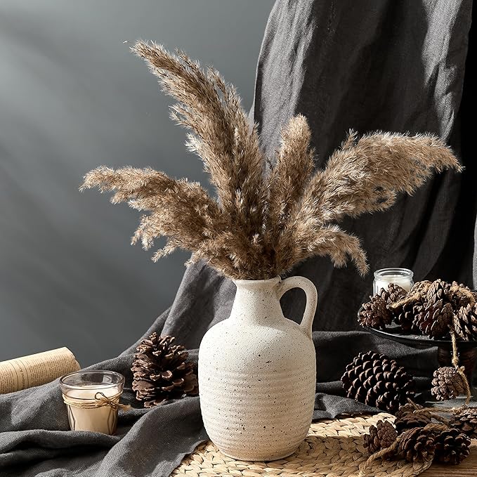 SIDUCAL Rustic Ceramic Farmhouse Flower Vase with 1 Handle-Height 8.43" Terracotta Vase, Unique Textured Pottery Flower Vases for Home Decor, Table, Wedding, Living Room, Shelf Decor, Speckled White