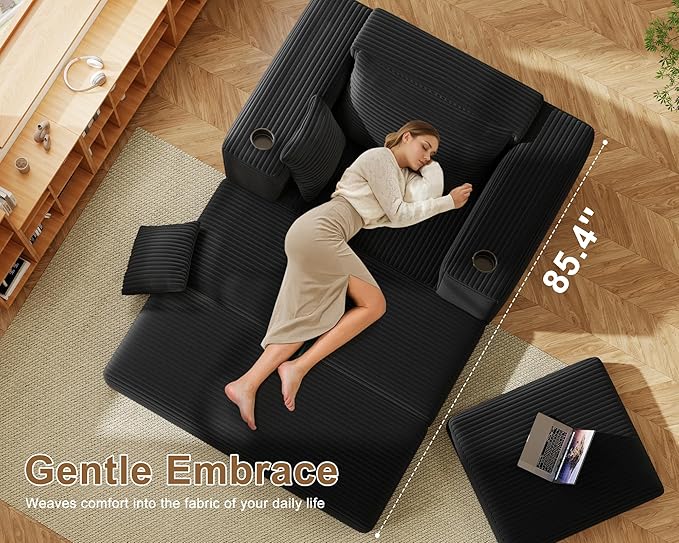 62" Oversized Chaise Lounge Chair Indoor, Fluffy Corduroy Upholstered Boneless Couch, Convertible Sleeper Sofa Bed & Reading Chair, Cloud Sofa Couches for Living Room, No Assembly, Black