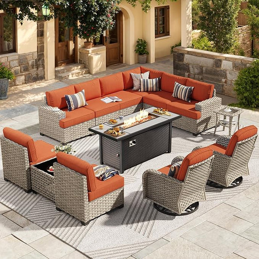 HOOOWOOO Outdoor Sectional Patio Furniture Set with Fire Pit Table,13 Pieces Wicker Conversation Sets L Shaped Couch,Extra Deep Out Door Sofa Outside Furniture with Swivel Chairs,Brick Red