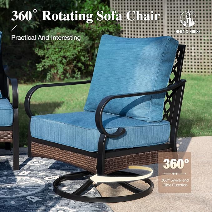 HERA'S HOUSE 4 Piece Patio Furniture Set with 56" Fire Pit Table, 2 x Swivel Cushioned Chair, 1 x 3-Seat Sofa, 5-Seats Outdoor Conversation Set for Lawn Garden Deck, Pacific Blue