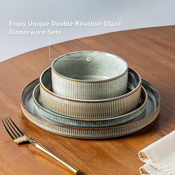 GBHOME Stoneware Dinnerware Sets for 8,Round Reactive Glaze Ceramic Plates and Bowls Set,Highly Scratch Resistant | Dishwasher & Microwave Safe Dishes Set,Service for 8(24Pcs)