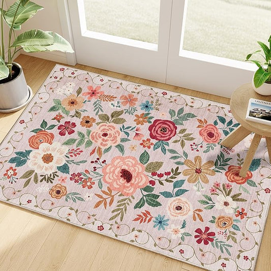 DUKINO 2x3 Rugs for Entryway, Floral Indoor Washable Door Mat, Non Slip Boho Small Rug for Kitchen, Soft Low Pile Front Door Throw Rug for Entrance, Bedroom, Kitchen, Laundry, Bathroom, Beige