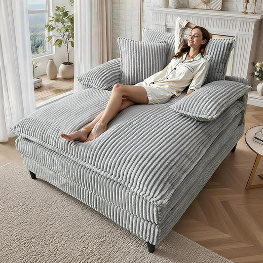 55" W Oversized Chaise Lounge Sofa Couch with 5-Position Adjustable Backrest, Corduroy Sleeper Chair Sofa Bed, Reading Chair ‌with Deep Seat, Cloud Couches for Living Room, Bedroom, Grey