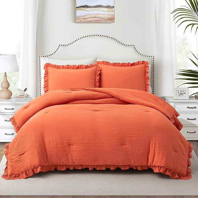 Bonlino Bedding Comforter Set Queen - 3 Pieces Farmhouse Comforter Ruffle Boho Bed Comforter, Fluffy Soft Lightweight Bedding Chic Rustic Country Style for Home Bedroom Dorm (Queen, Orange)