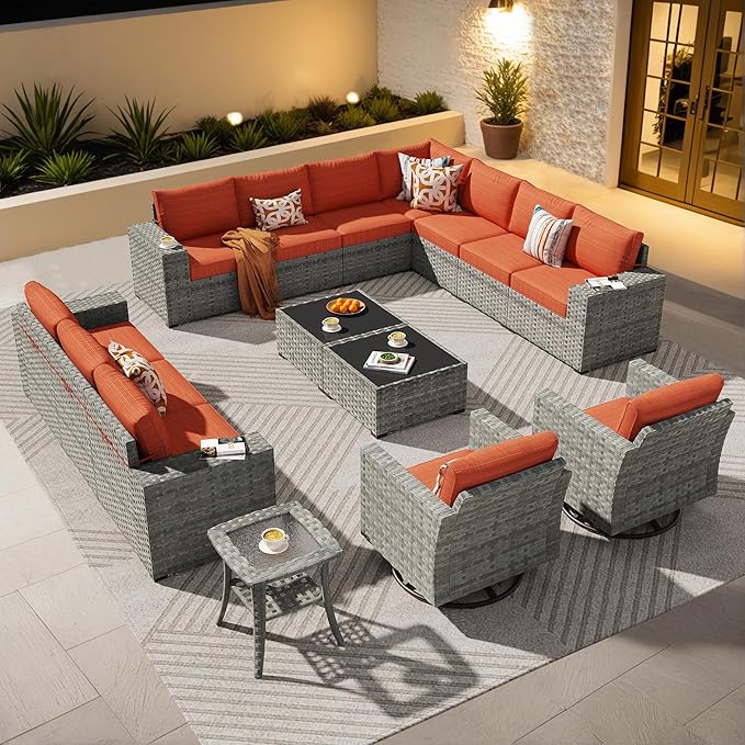 ovios 15 Pieces Patio Furniture Set, Outdoor Wicker Sectional Sofa with Swivel Chairs Coffee Table, Modern Modular Deep Seat Rattan Couch Conversation Sets, Orange Red