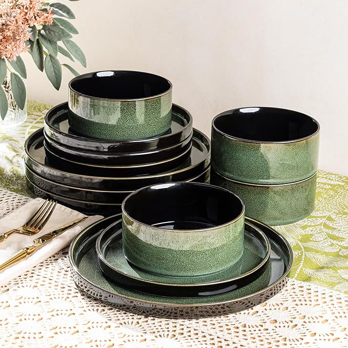LERATIO Ceramic Dinnerware Sets for 4,Round Reactive Glaze Ceramic Plates and Bowls Set,Highly Chip and Crack Resistant | Dishwasher & Microwave Safe Dishes Set,Service for 4 (12pc)-Green