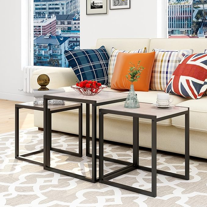 Nesting Table Set of 3 Side Tables, Modern Coffee Table Stacking End Table with Metal Frame，Oak