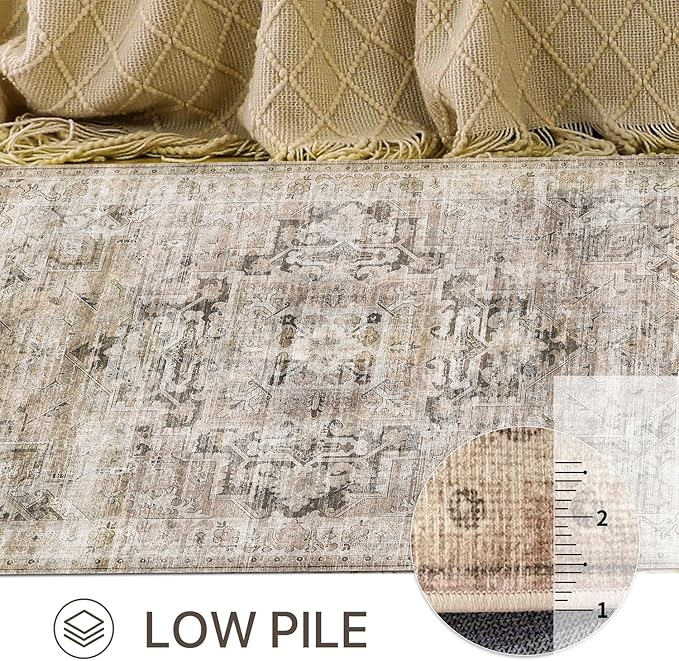 GENIMO 8x10 Area Rugs for Living Room, Machine Washable Non Slip Vintage Rugs, Low Pile Lightweight Chenille Print Rug for Bedroom, Dining Room, Home Office, Brownish Drab