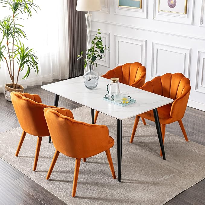 Velvet Dining Chairs Set of 4 Modern Accent Chairs Upholstery Side Chairs with Upholstered Wood Legs for Home Kitchen Living Room, Orange