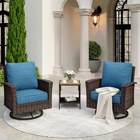 Patio Wicker Swivel Chairs Set of 2, Outdoor High Back Chairs with 5.5" Waterproof Cushions and Side Table, Outdoor Furniture Set for Deck Porch and Yard, Peacock Blue