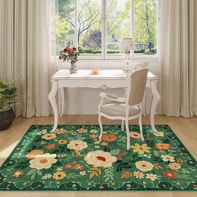 DUKINO 3x5 Area Rug, Floral Rugs for Living Room, Lightweight Non Slip Washable Rug, Indoor Low Pile & Non-Shedding Boho Design Rugs for Bedroom, Living Room, Dining Room, Dark Green