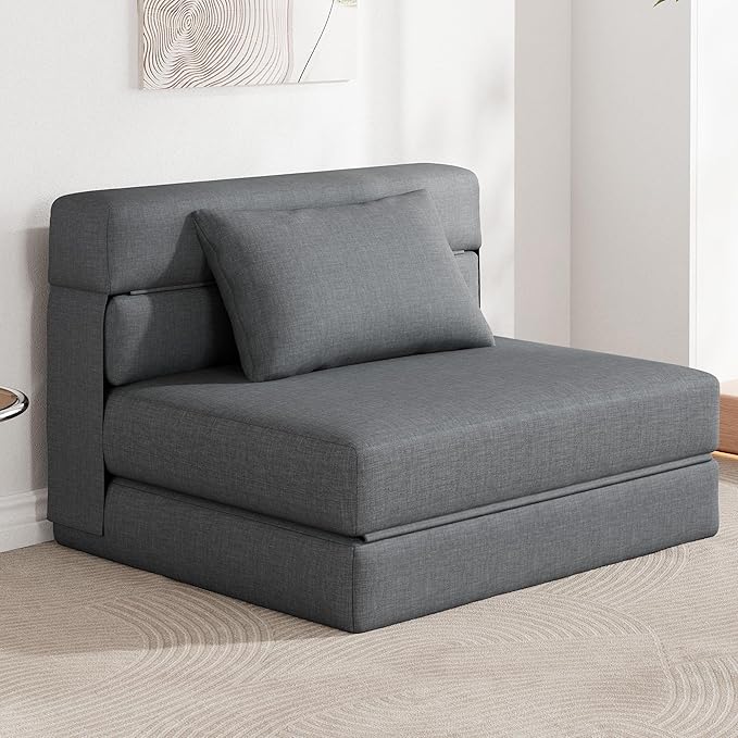KINGYES 4 in 1 Foldable Sofa Bed, Modern Folding Sleep Chair with Back Cushion, Convertible Chair Sleeper, Grey