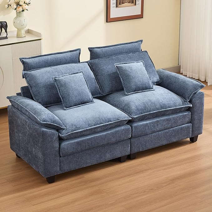 72'' Cloud Modern Loveseat Couch with Detachable Headrest, Modular Sectional Sofa Couch Deep Love Seat, Oversized 2 Seater Chenille Comfy Sofa with Armrests for Living Room, Blue