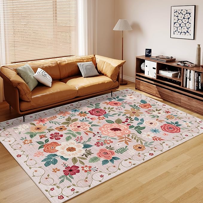 DUKINO 6x9 Area Rug, Floral Rugs for Living Room, Lightweight Non Slip Washable Rug, Indoor Low Pile & Non-Shedding Boho Design Rugs for Bedroom, Living Room, Dining Room, Beige