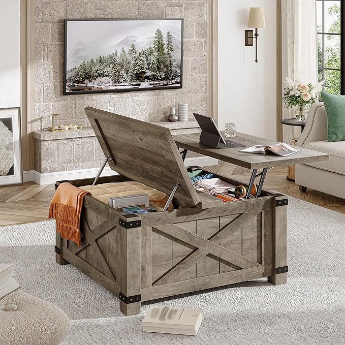 EnHomee Lift Top Coffee Table with Storage, 36" Farmhouse Coffee Tables for Living Room, Square Coffee Table with Large Hidden Space, for Living Room, Bedroom, Home Office, Oak Grey