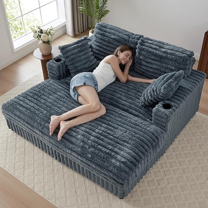 RARZOE 64'' Oversized Chaise Lounge Chair Indoor, Plush Faux Rabbit Fur Sleeper Sofa Bed with 4 Pillows, Charging Station & Cup Holders, Fluffy Comfy Cloud Couch Loveseat Sofa for Living Room,Grey