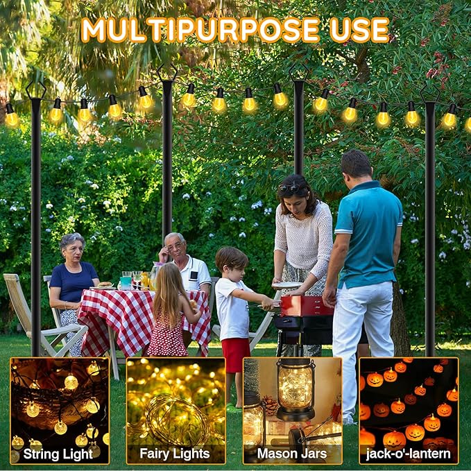 4 Pack String Light Poles, Outdoor String Light Pole 10ft Forked Metal Light Pole with Adjustable Outdoor Light Stand, Deck, Backyard, Garden, Wedding, Rustproof and Sturdy with Hooks