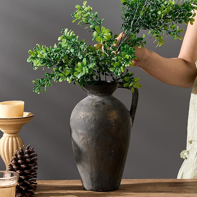 Antique Rustic Ceramic Vase, 9.3 Inch Tall Large Terracotta Vase with Handle, Vintage Farmhouse Pottery Vase for Home Decor, Living Room, Entryway, Wedding, Thanksgiving - Black Bronze