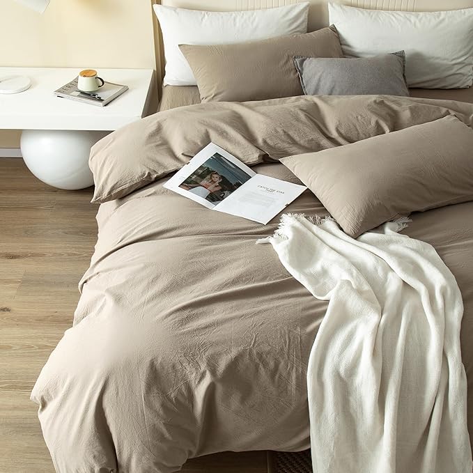 JIYUAN 100% Washed Cotton Duvet Cover Set 2 Pieces Twin, 1 Duvet Cover 68x90 Inches(Comforter Not Included) and 1 Pillowcases,Linen Feel Bedding Set Comfy and Breathable,Khaki
