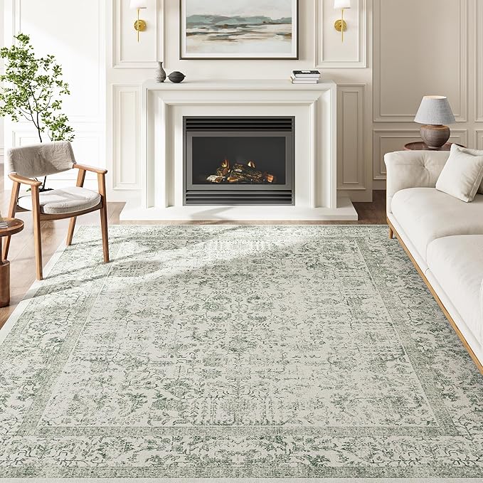 Sage Green Area Rug 6x9 Living Room Washable Carpet Vintage Distressed Non Slip Bedroom Carpet Neutral Low Pile Retro Floral Farmhouse Large Rug Home Office Dining Room Playroom