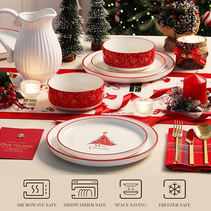MALACASA Plates and Bowls Sets, 12 Pieces Christmas Porcelain Dinnerware Set for 4, Ceramic Dishware Dishes Kitchen Dining Ware Set, Microwave and Dishwasher Safe, Series LUNA-Christmas Tree