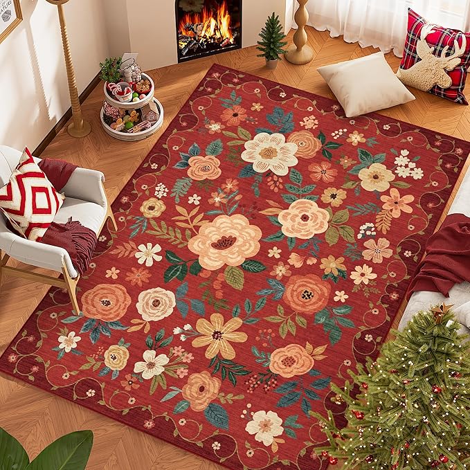 DUKINO 6x9 Area Rug, Floral Rugs for Living Room, Lightweight Non Slip Washable Rug, Indoor Low Pile & Non-Shedding Boho Design Rugs for Bedroom, Living Room, Dining Room, Red