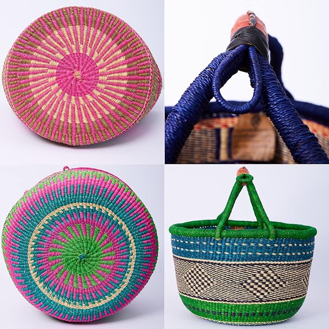 AYÉYA Mini Market Basket – Small Neutral African Handwoven Basket with Leather Handle – Artisan Wicker Tote for Storage, Gifting, or Garden Use – Handmade in Ghana