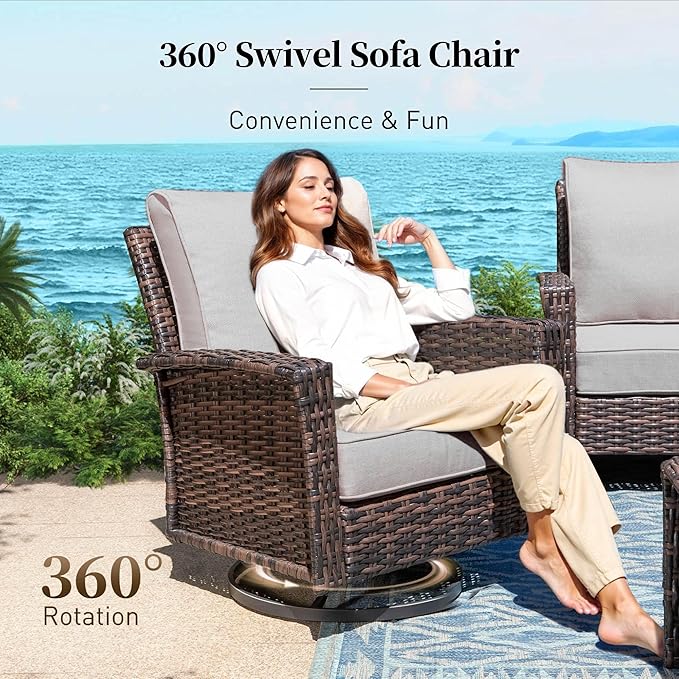 Patio Furniture Set with Swivel Chairs, High Back Wicker Rattan Furniture with 5.5" Thick Cushions and Coffee Table, Outdoor Conversation Set for Backyard Deck,7 Seats, Grey