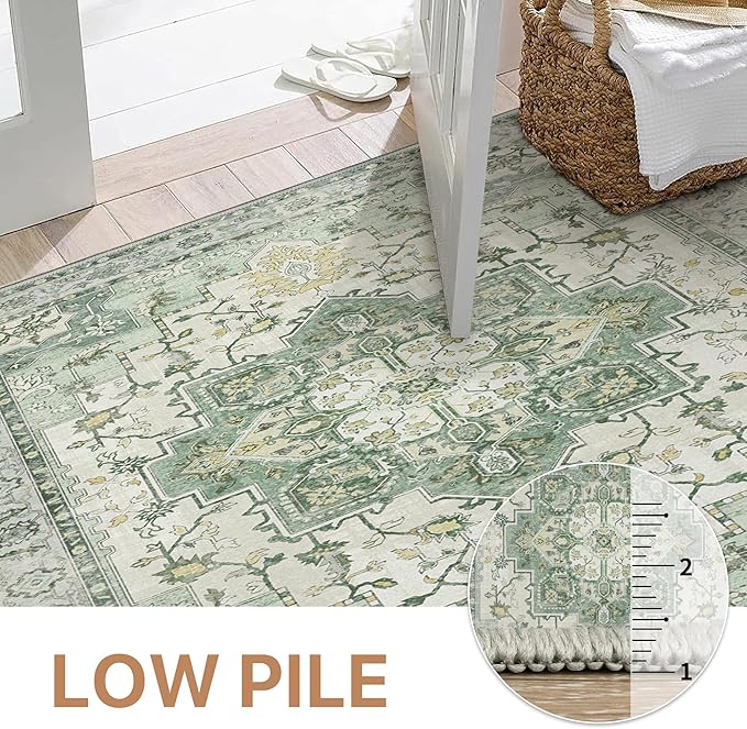 GENIMO 10x12 Area Rugs for Living Room, Machine Washable Non Slip Vintage Rugs, Low Pile Lightweight Chenille Print Rug for Bedroom, Dining Room, Home Office, Green