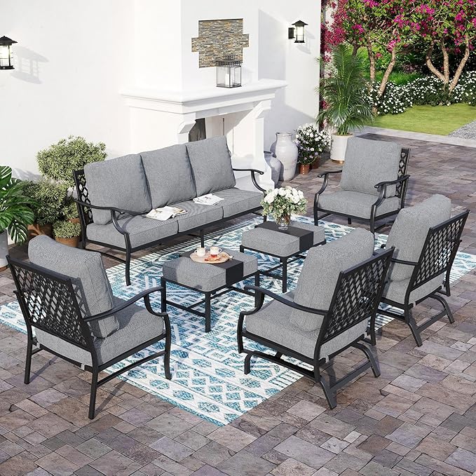 7 Piece Metal Outdoor Patio Furniture Sets, Patio Conversation Sets 1 3-seater Sofa, 2 Fixed Chair, 2 Rocking Chair, 2 Ottomans with 5.75" Thick Cushion, Black Backyard Furniture, Gray