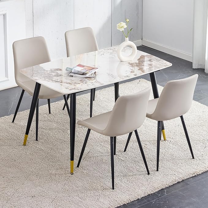 Granite Modern Dining Table Set for 4, 50" Sintered Stone Kitchen Table and 4 Upholstered PU Leather Chairs (1 Marble Table and Gray Chairs Set of 4)