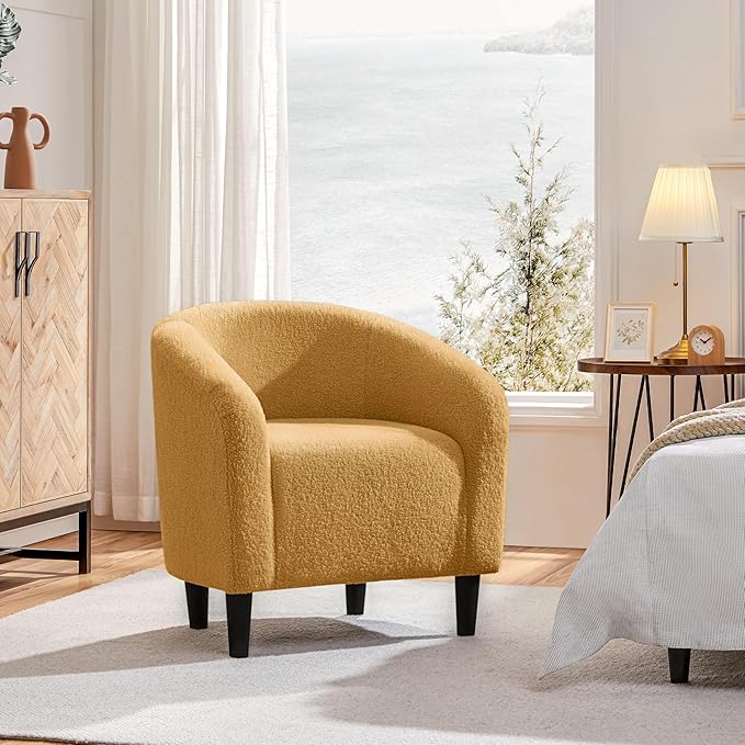 Yaheetech Accent Barrel Chair, Boucle Fabric Club Chair, Furry Sherpa Elegant and Cozy, Soft Padded Armchair for Living Room Bedroom Reception Room Office, Mustard Yellow