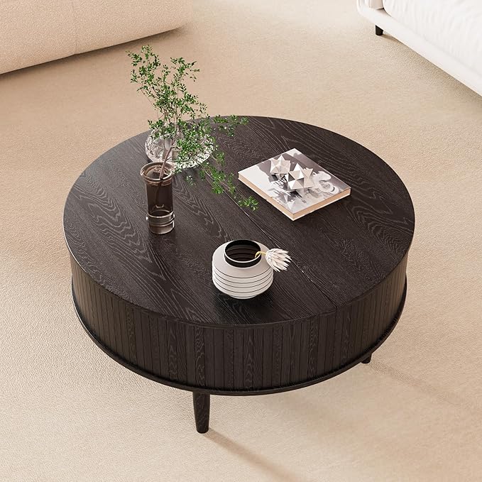 Round Fluted Lift Top Coffee Table with Storage, Mid Century Modern Coffee Table for Living Room, Home Small Space,31.5" Fluted Center Table (Black, 31.5inch)
