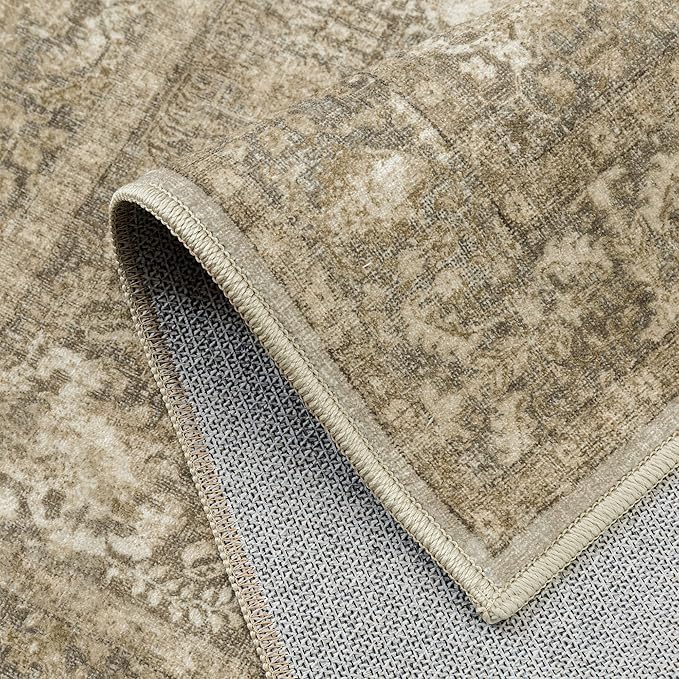 Brown Area Rug 8x10 Machine Washable Large Vintage Living Room Distressed Non Slip Carpet Traditional Indoor Bedroom Retro Floral Accent Throw Rug for Office Kitchen Dining Room