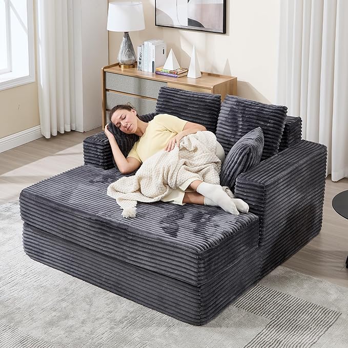 59" Chaise Lounge Chair Indoor - Oversized Comfy Corduroy Upholstered Sleeper Sofa with 4 Pillows & Armrests, Deep Seat Reading Chair Couch for Living Room, No Assembly Required - Dark Gray
