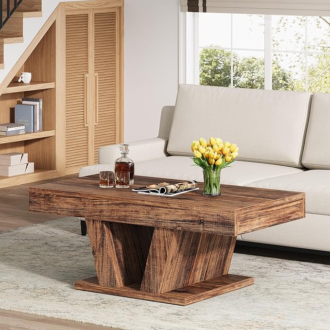 Farmhouse Coffee Table with 2 Side Drawers, 43 inch Wood Center Tea Table with Hidden Storage, Rectangle Cocktail Table for Living Room, Office, Small Space, Brown
