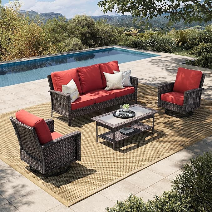 HERA'S HOUSE Red Patio Furniture Set, 35" High Back Swivel Chairs with 5.5" Waterproof Cushions, 4 Pieces Wicker Rattan Outdoor Conversation Sofa Sets for Deck Lawn Yard
