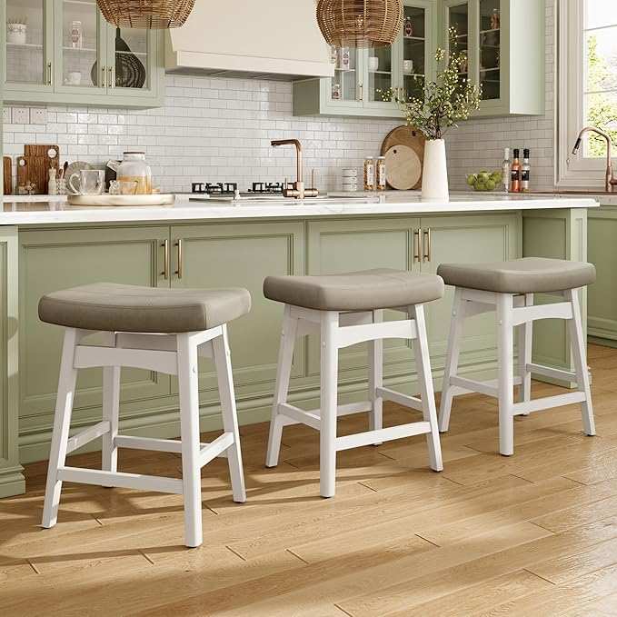 MAISON ARTS Beige Counter Height Bar Stools Set of 3 for Kitchen Counter Solid Wood Legs with Faux Leather Saddle Seat Farmhouse Barstools for 34"-38" Counter Island Upholstered Stools, 24in Height